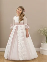 Customized A-Line Princess Floor Length Flower Girl Dresses Party Lace Tulle Three Quarter Jewelry Neck Lace Pearl 3D Applique