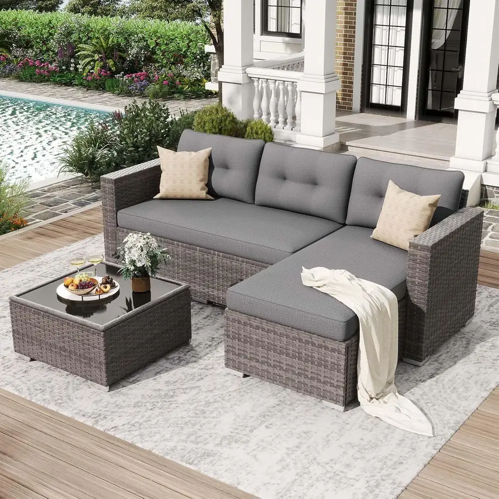 

Gray Outdoor Wicker Sectional Sofa Set with Cushions and Tempered Glass Coffee Table