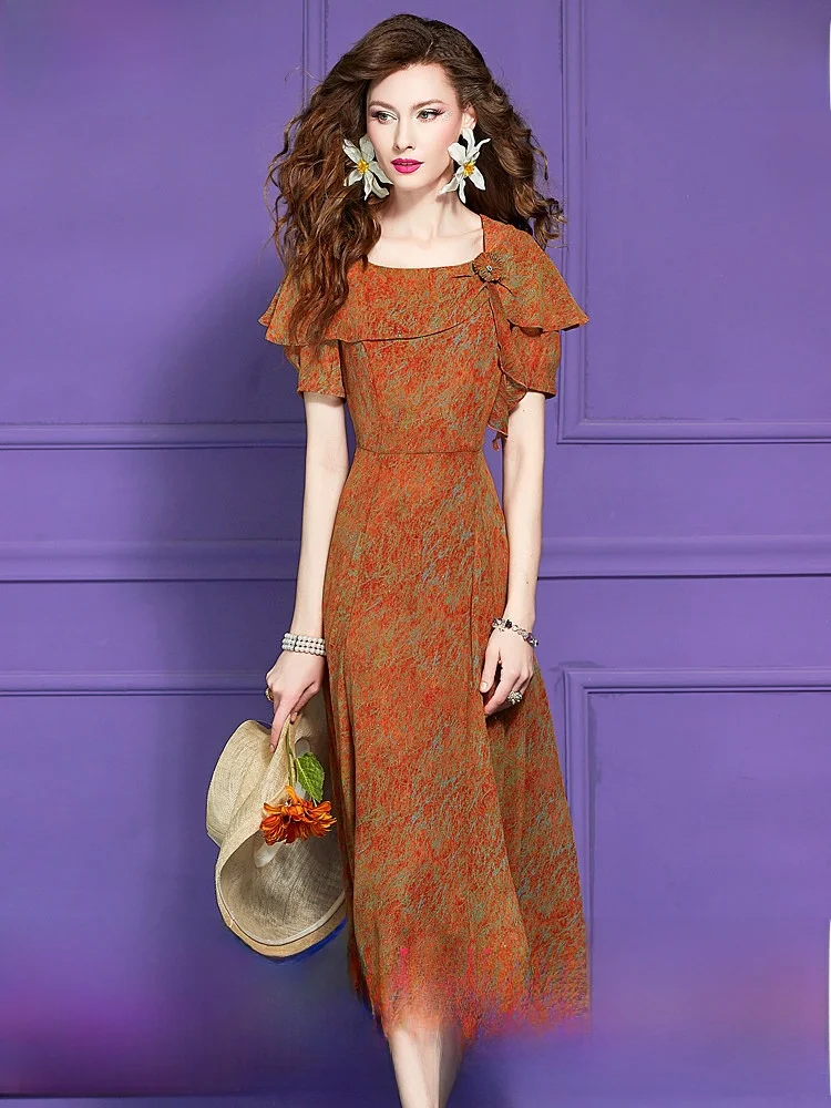 

Phoebe Floral Print Dress Short Sleeve Summer Lightweight Bateau Neck Design Anti-Aging Midi Skirt Casual High Waist A-Lin...