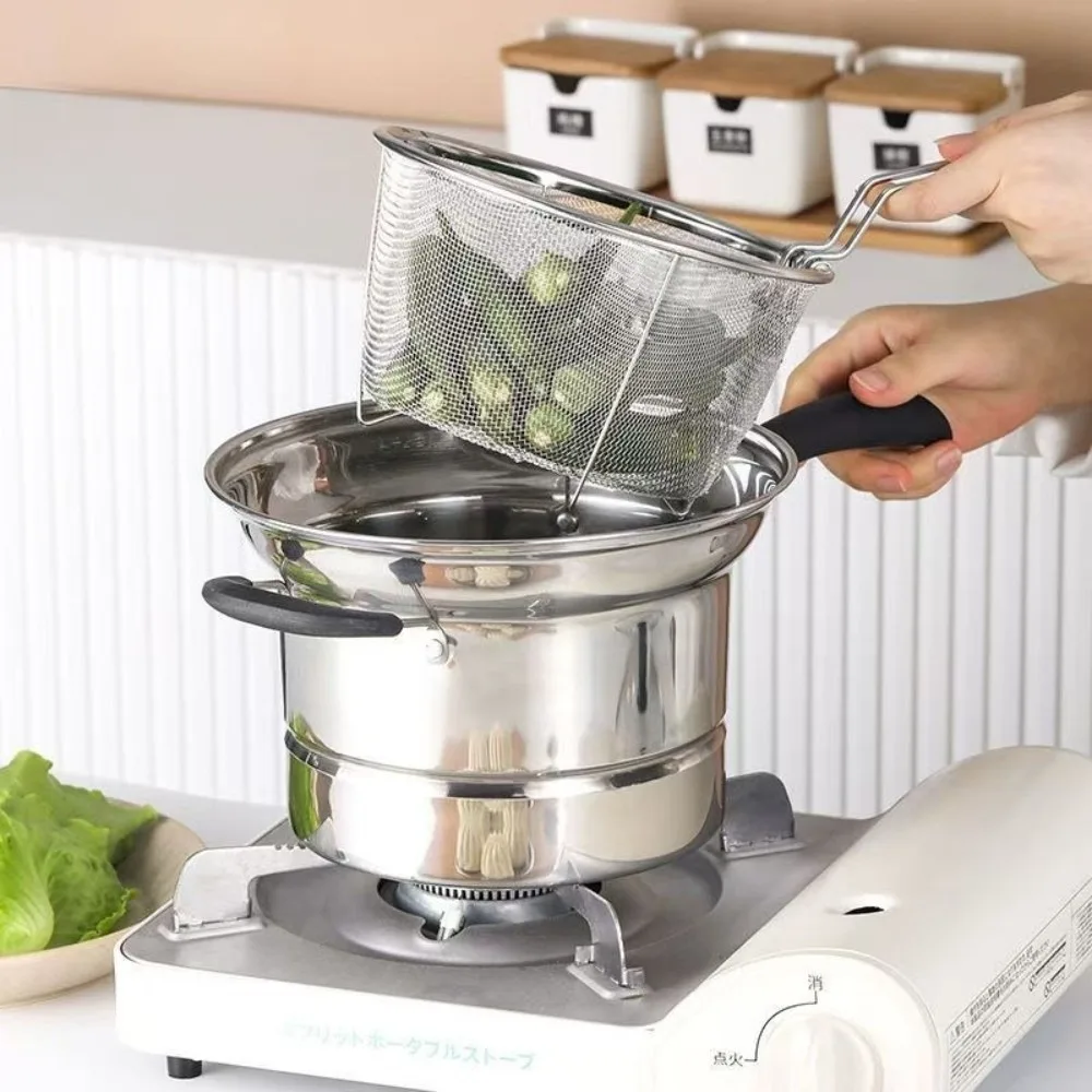 

4 шт. прочная фритюрница из нержавеющей стали, корзина с фильтром, сетчатый фильтр, кастрюля для глубокой жарки, дренажная сетка для масла, дуршлаг для еды, кухонное использование