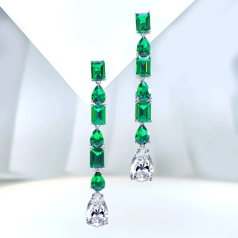 Fashion Retro Versatile Green Droplets 925 Silver Earrings Inlaid with High Carbon Diamonds Suitable for Wedding Jewelry