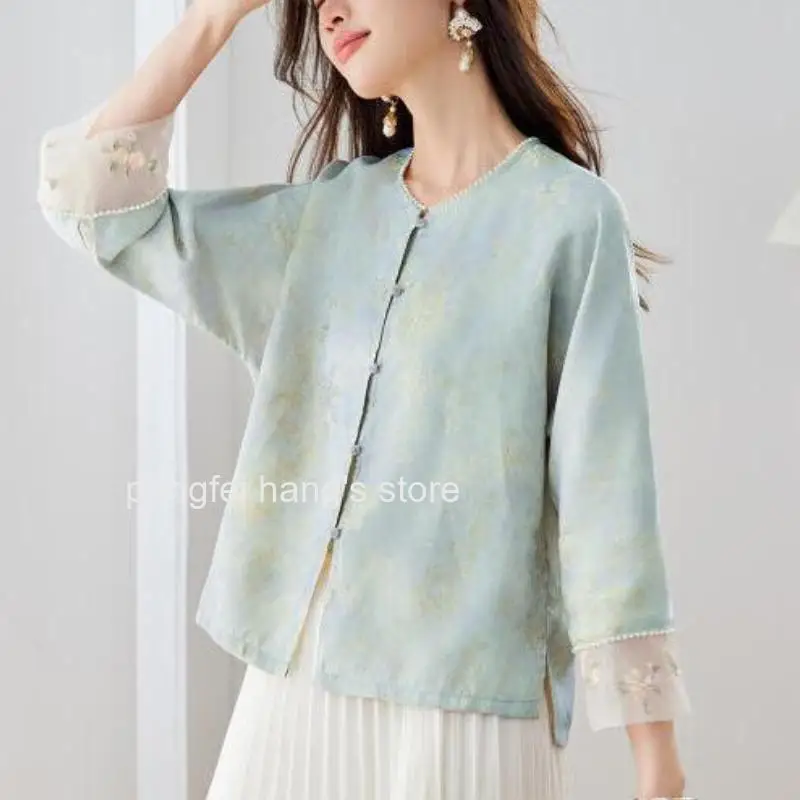 Vintage Button Long Sleeve Patchwork Blouse Women Autumn Winter Viscose Jacquard Chinese Style Embroidery Coat Jacket Shirt