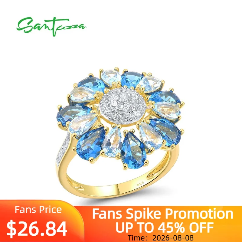 SANTUZZA Silver Ring For Women Pure 925 Sterling Silver White Cubic Zirconia Blue Spinel Gold Color Flower Gorgeous Fine Jewelry