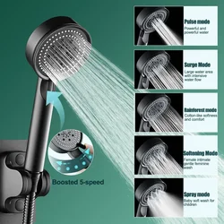 Zhangji-Cabeça De Chuveiro Ajustável De Alta Pressão, Water Saving Showerhead, Acessórios Do Banheiro, Preto, Prata, Cinza, 5 Modos