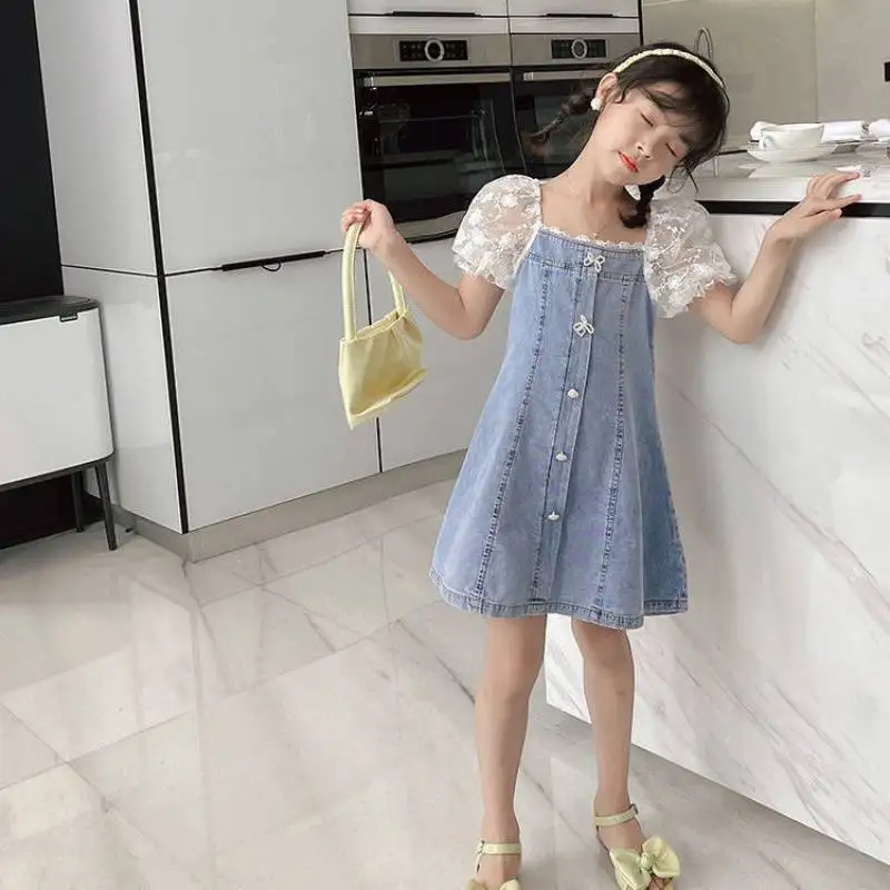 Girls' Summer 2024 Girl's Stylish Lace Bubble Short Sleeved Princess Denim Skirt Kids Clothes Flower Girl Dresses for Weddings