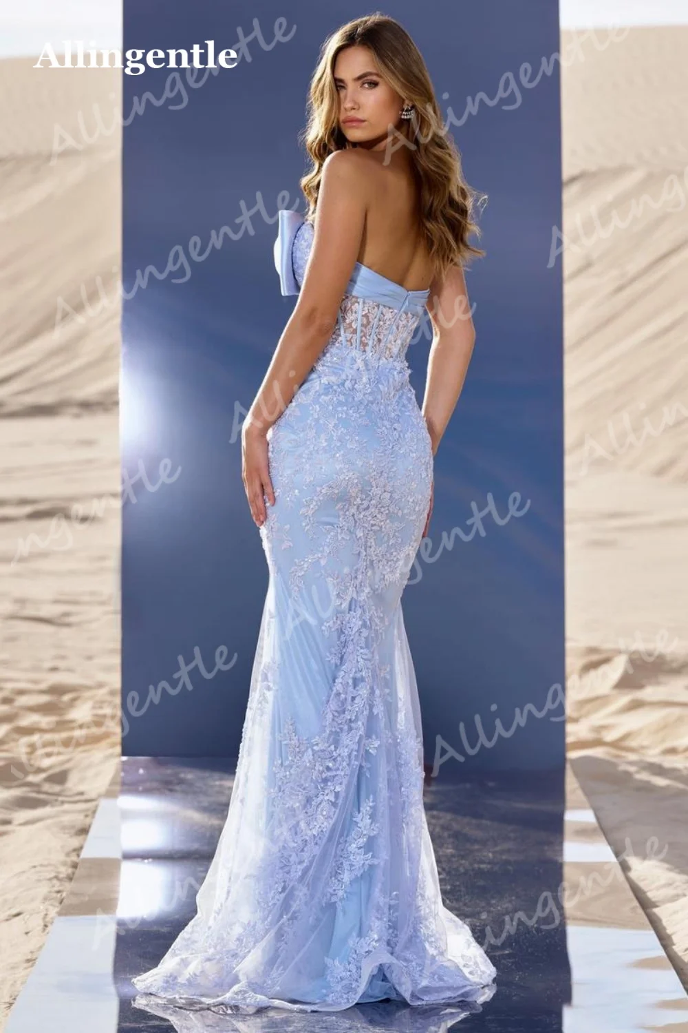 Allingentle Charming Mermaid Prom Dress Strapless Light Blue Sequin Lace Appliques with Bow Formal Evening Dress Customized