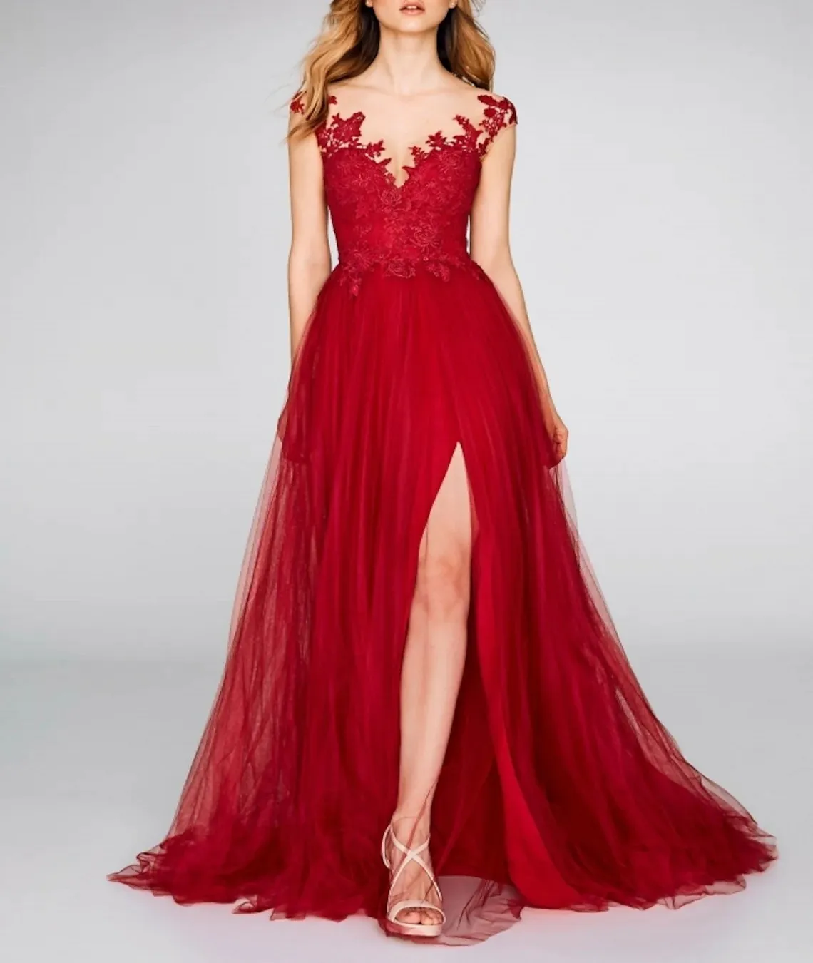 

A-line Red Evening Dresses Illusion Back Sheer Neck Lace Appliques Split Long Prom Party Gowns Vestidos Festa Robe De Soirée