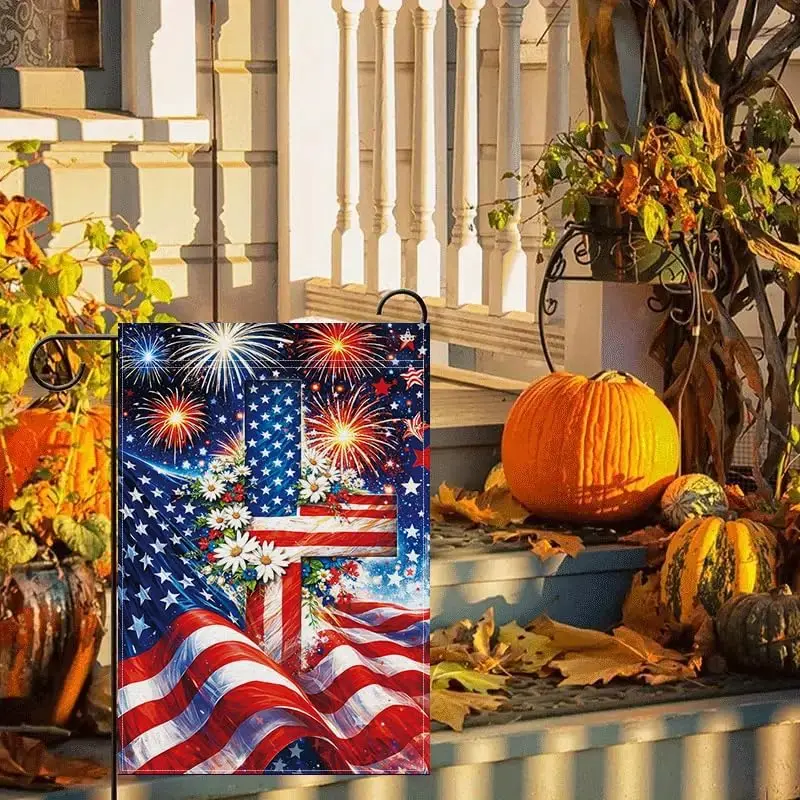 Patriotic Cross Garden Flag 12x18 Inch, Christian American Flag Cross Garden Flag, Independence Day Patriotic Outdoor Yard L jjp