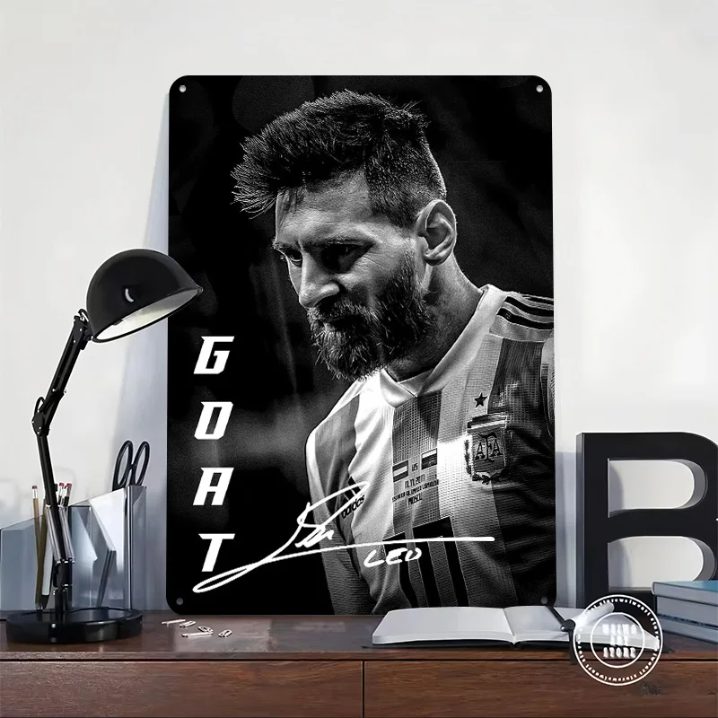 Lionel Messi GOAT Black and White Portrait Printing Poster Customized Retro Wall Art Vintage Metal Signs for Fans Office Decor