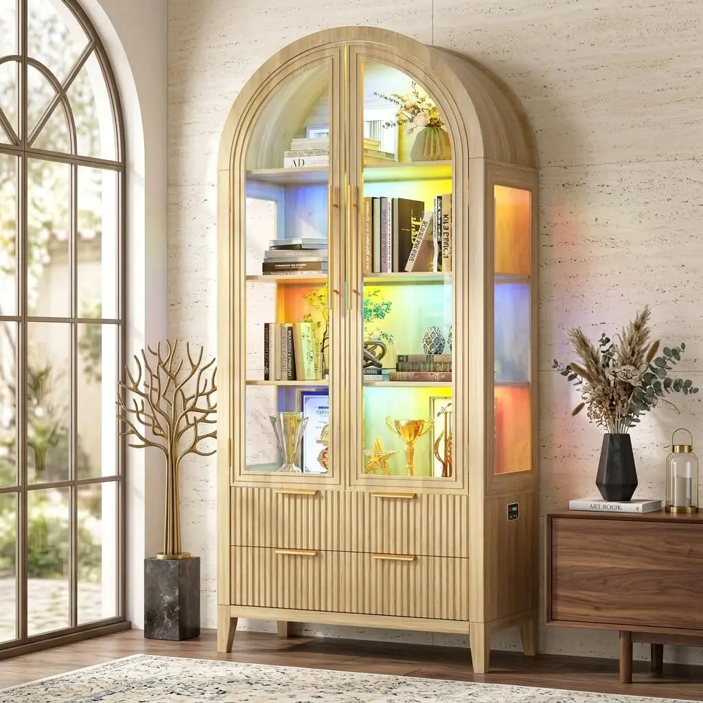 Arched Curio Cabinet Glass Doors RGB Lights Collectibles Display, Customized