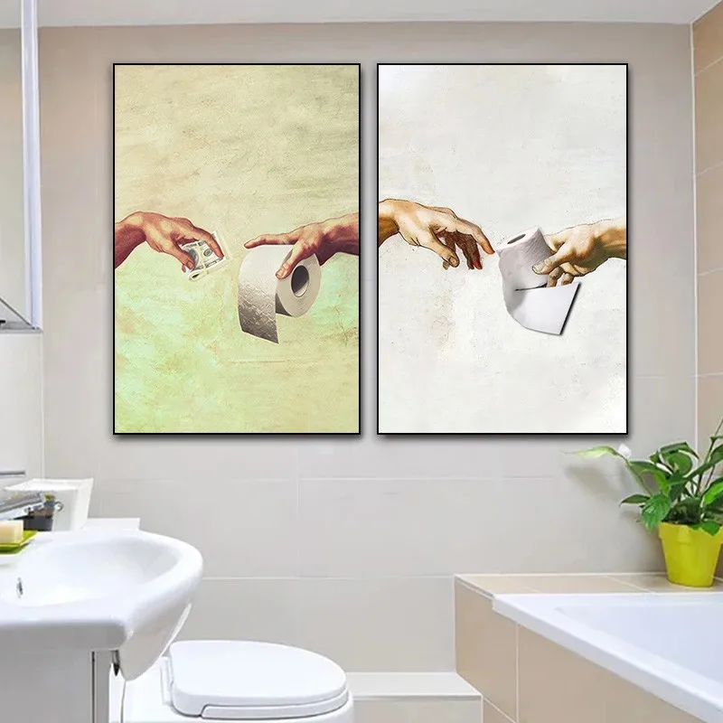 Retro Hand of God and Adam Funny Toilet Paper Picture Canvas Painting Poster for Wash Room Bathroom Living Wall Art Home Decor