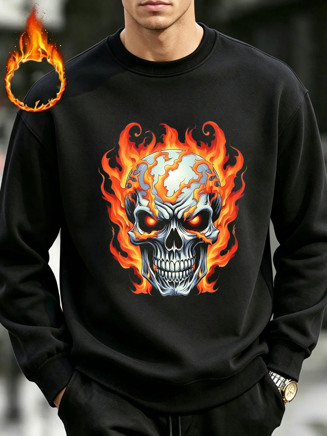 CLOOCL Flaming Red-Eyed Skeleton Printed  Men's 350g High-quality Autumn Winter Fleece-lined Heavy-weight Round Neck Sweatshirt
