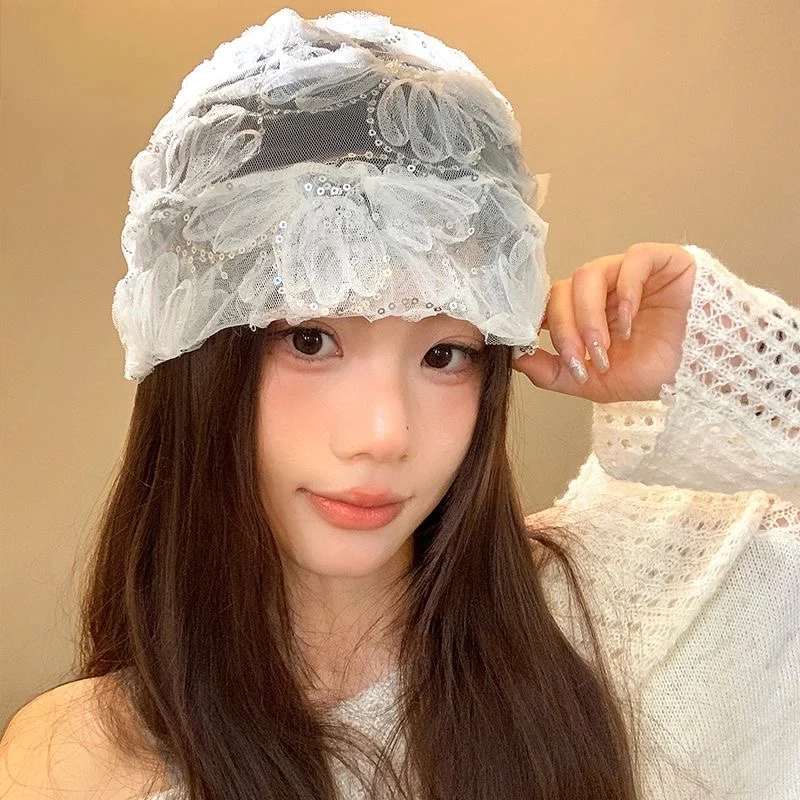 Women's Lace Mesh Beanie with Sequin Flowers Summer Sheer Pullover Hat Vintage French Style Skull Cap