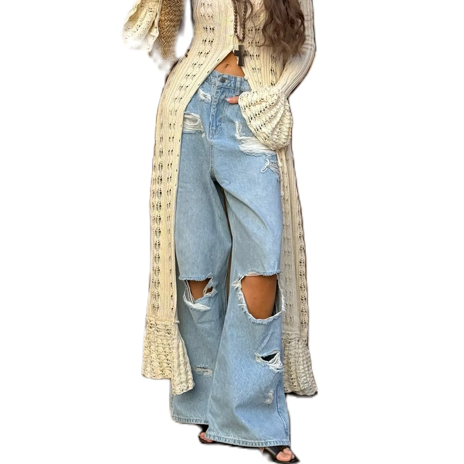 Modische, lockere, gerade Hose mit weitem Bein für Damen, zerrissene, trendige Jeans, geschnittene Hose, Jeans im neuen Stil