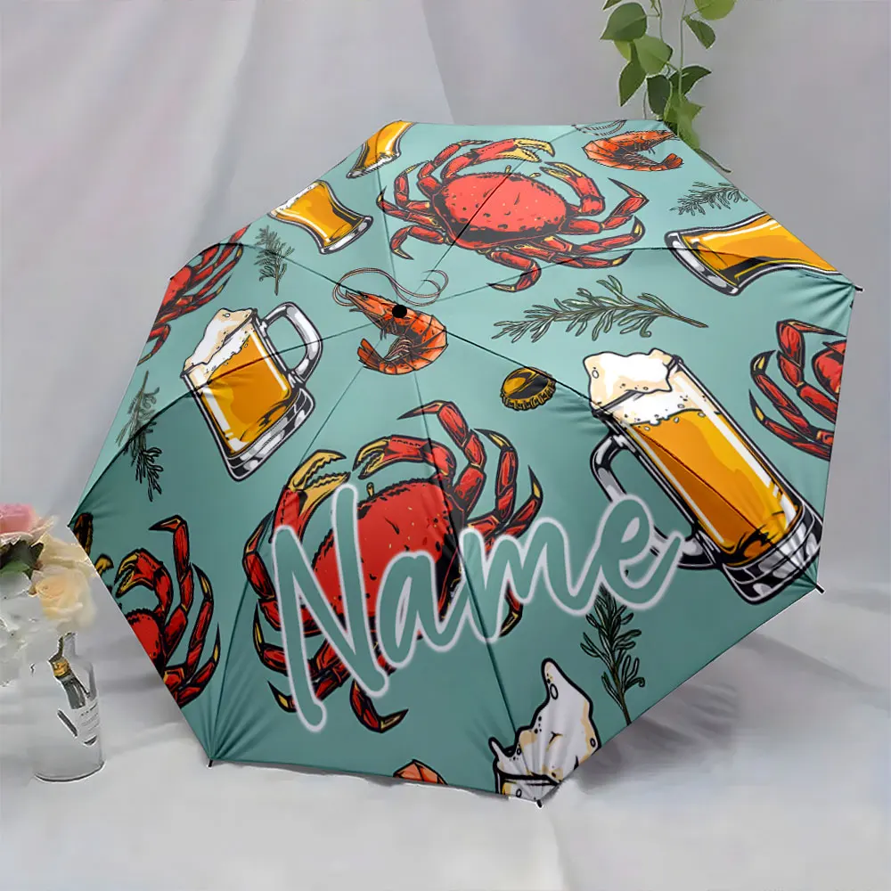 Custom Name Umbrella Seafood and Beer Delight Umbrella Design Print 8 Iron Ribs Folding Umbrella Auto-Open Fashion Sunshade