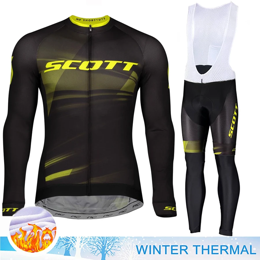 SCOTT Sports Set Cycling Clothing Man Bicycle Costume for Men's Bike Winter Jersey Thermal Fleece Bib Pants Mountain Clothes Gel