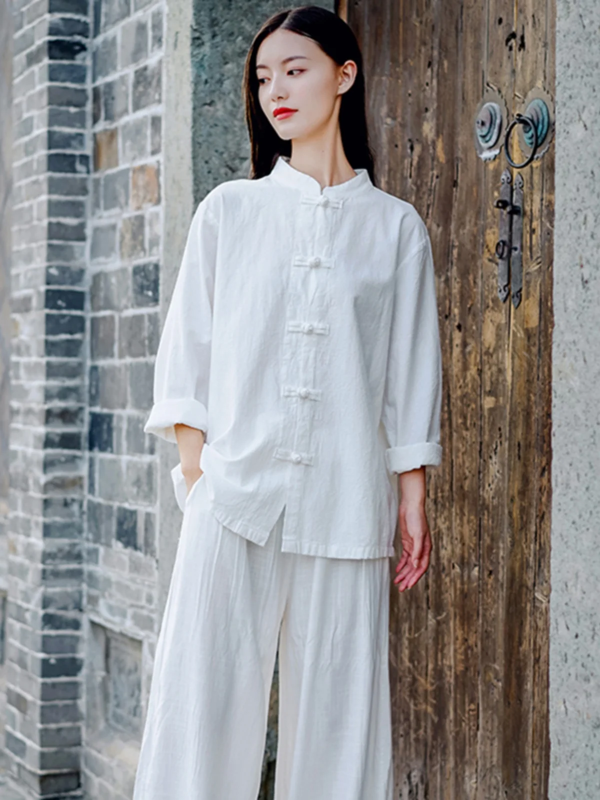 루즈핏 코튼 린넨 태극권 연습복 여성용 큰 사이즈 오픈 가디건 스타일 캐주얼 빈티지 상하의 세트