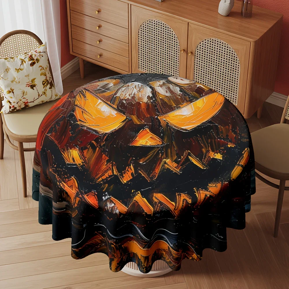 A circular tablecloth featuring a Halloween pumpkin design, with digital printing, measuring 60 inches in diameter.xzj