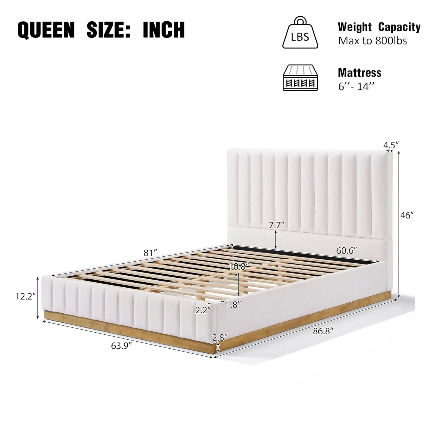 Queen Linen Upholstered Platform Bed with Stitched Headboard, Solid Wooden Base & Legs, 800 lbs, No Box Spring, Beige, Customize