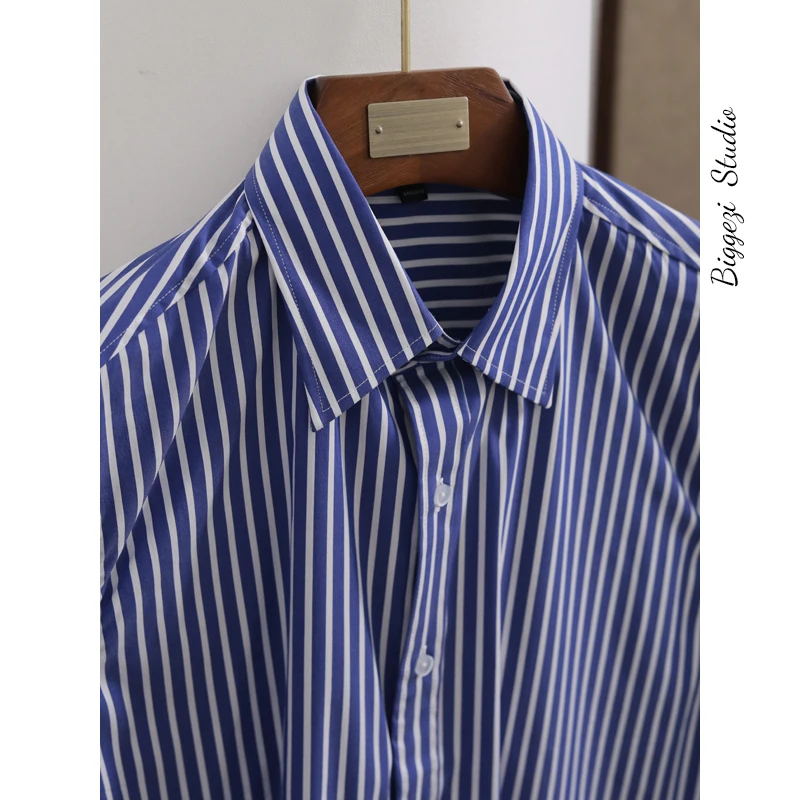 

Slim Fit British Style Sharp Collar Blue Striped Long Sleeve Shirt for Commuting Daily Base Layer Business Casual Office Wear