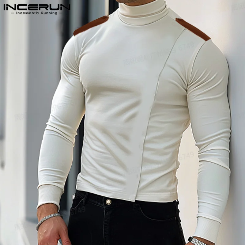 

Fashion Casual Style Tops INCERUN Men's Shirt High Neck Long Sleeve Thin Spring Autumn Male Contrast Color Pullover Blouse S-5XL