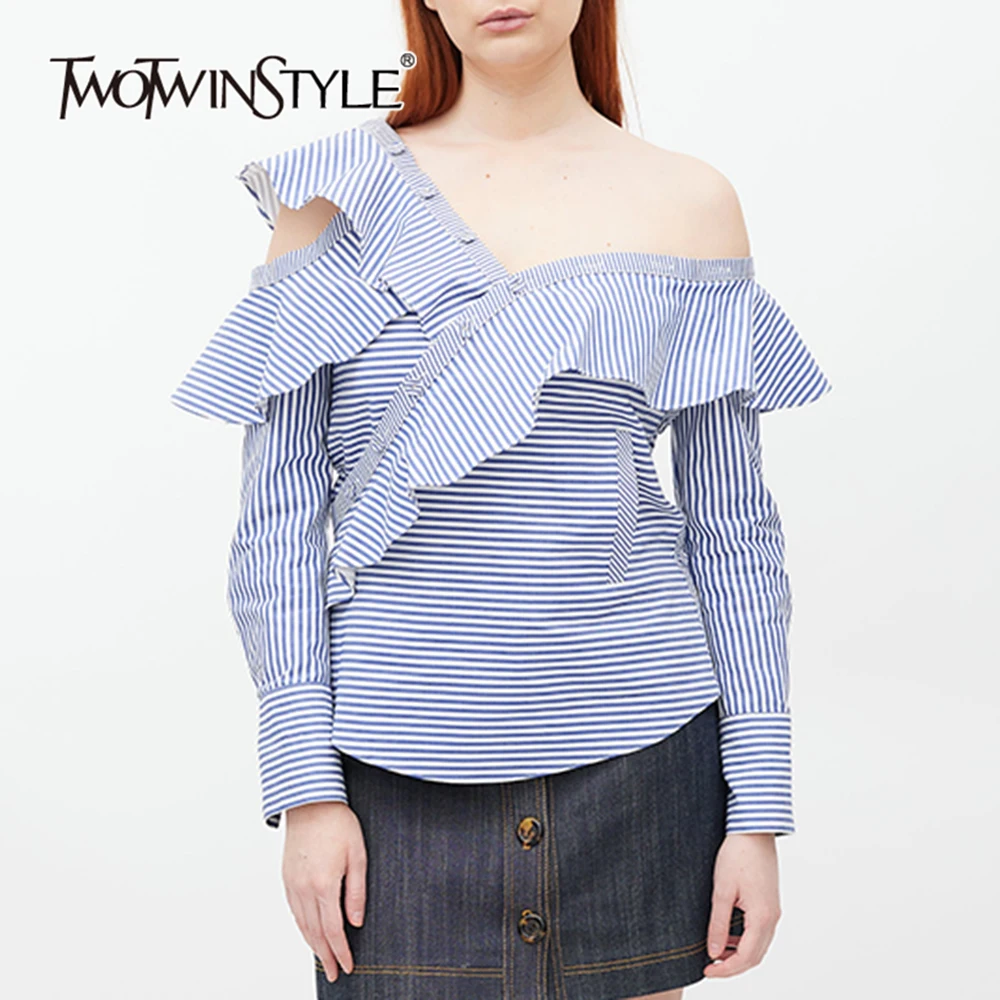 

TWOTWINSTYLE Colorblock Striped Patchwork Button Casual Shirt For Women Skew Neck Long Sleeve Spliced Ruffles Shirts Female New