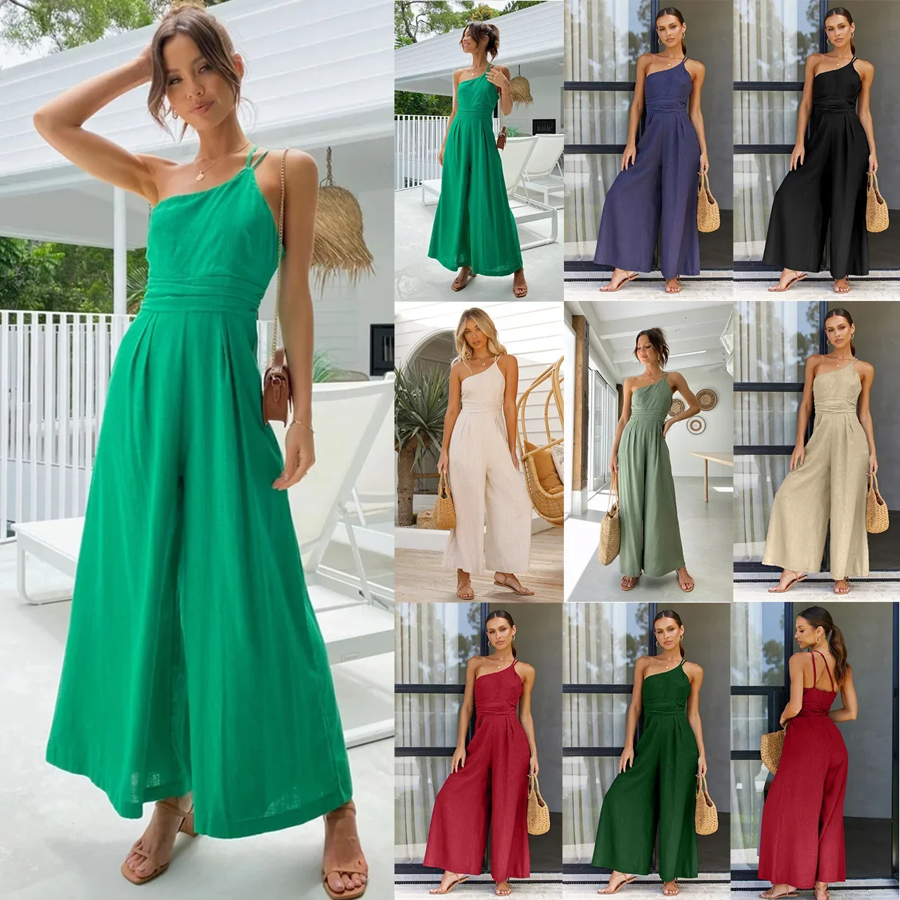 

Waist Folds Backless Double Strap Casual Wide Leg Jumpsuit Long Pants Green 2024 New Female Loose Jumpsuit