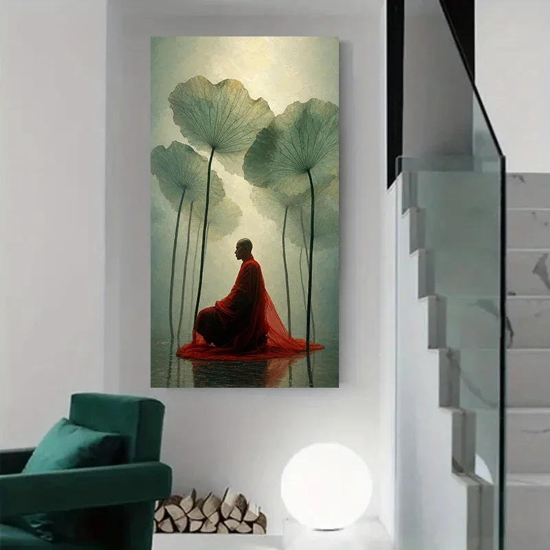 Meditative Monk Red Robe Lotus Leaf Tranquil Zen Peaceful Poster and Prints Canvas Painting Wall Art Pictures Home Decor Cuadros