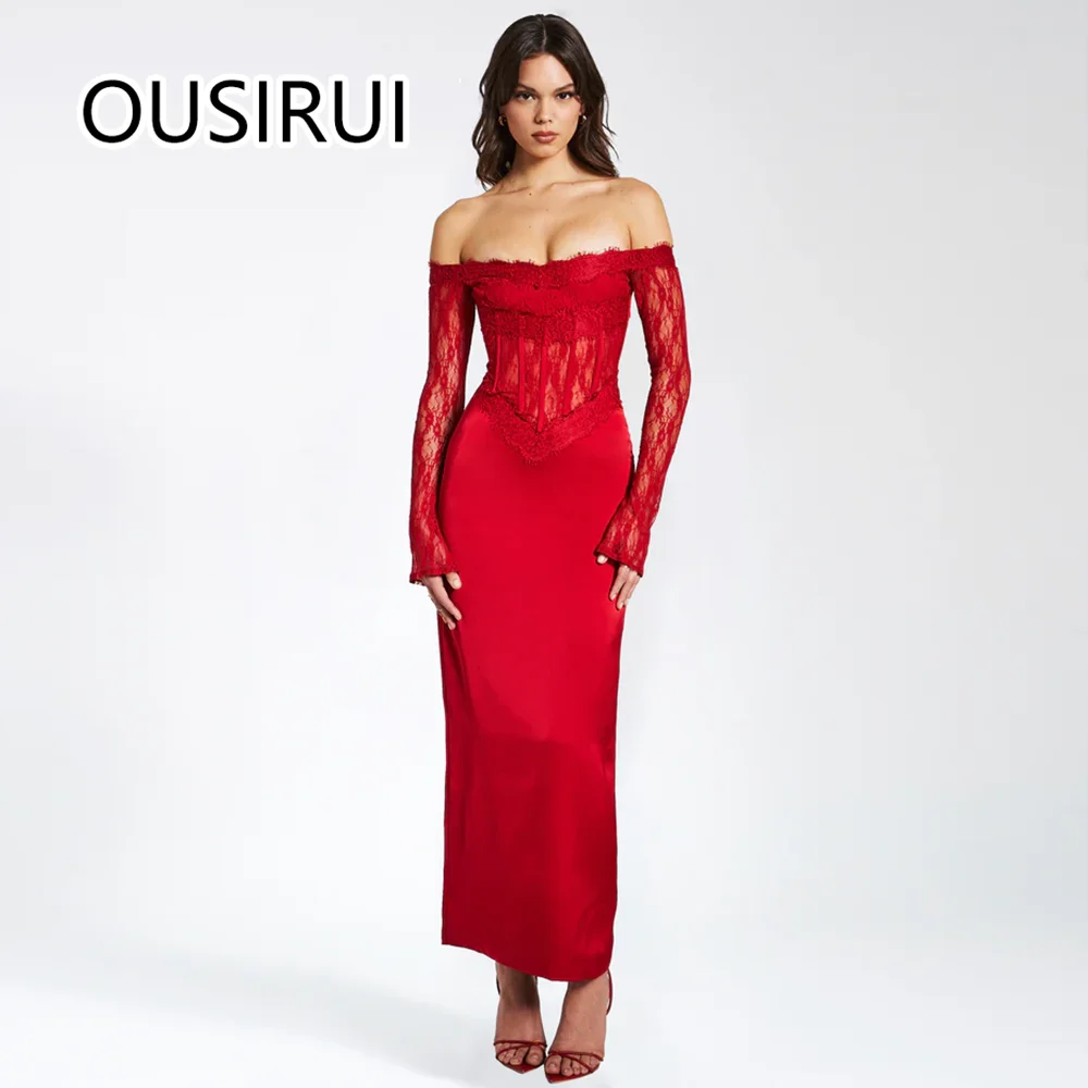 

Luxury Boat Collar Satin Prom Dress with Long Illusion Lace Sleeve Sexy Sheath Long Cocktail Gown for Bridal Custom Made Vestido