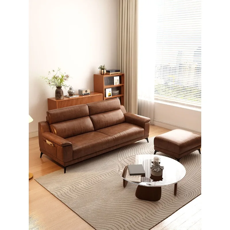 Home Double small apartment oil wax leather sofa living room retro style three-person cowhide sofa straight row