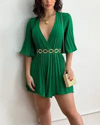 Monos cortos plisados de Color liso para mujer, mono Sexy con escote en V profundo y espalda descubierta acampanado de media manga, ropa femenina elegante a la moda