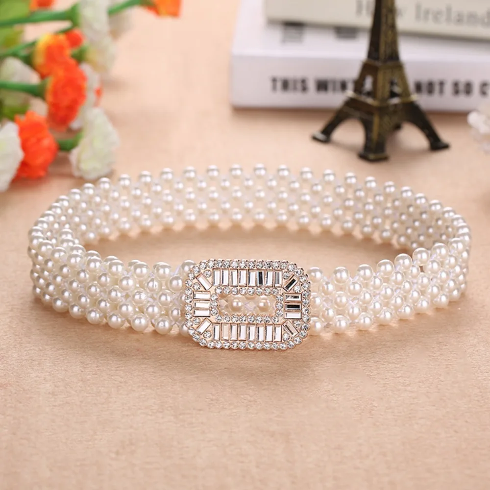 Fashion Casual Versatile Trouser Dress Belts Elastic Pearl Belt Thin Waist Strap Metal Buckle Waistband Women Decorative Belt
