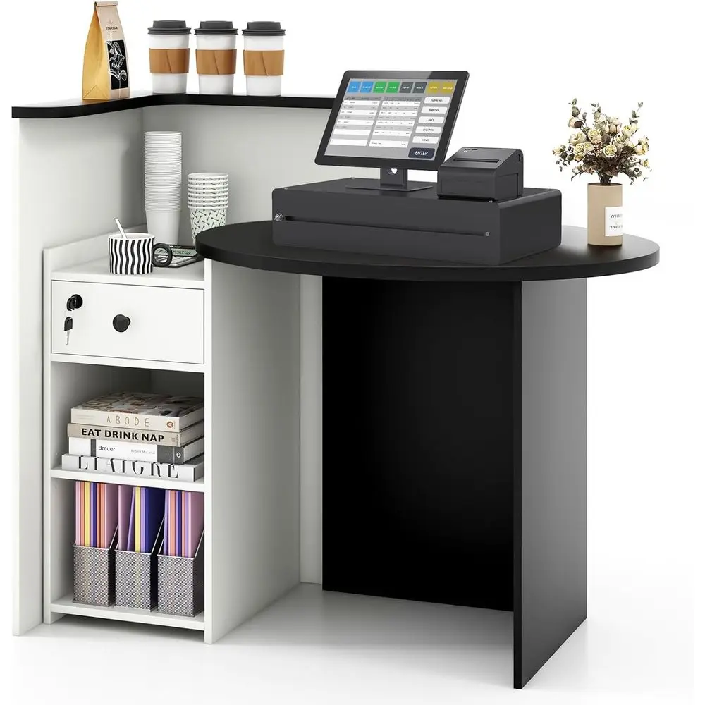 

Reception Desk with Lockable Drawer, Round Counter, Checkout Table, and Adjustable Shelves for Office or Beauty Retail (White &