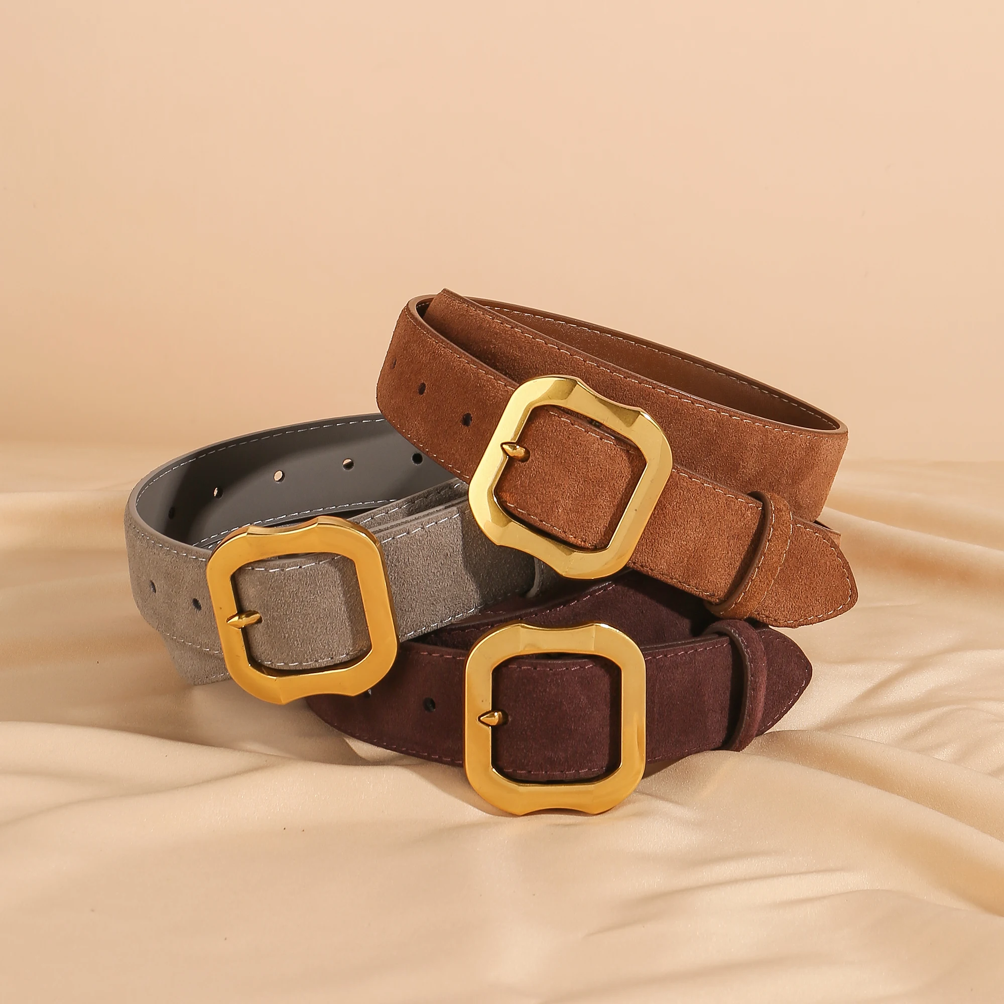여성용 천연 가죽 벨트, 빈티지 스웨이드 캐주얼 벨트 금색 버클, 청바지 바지 드레스용 패션 액세서리