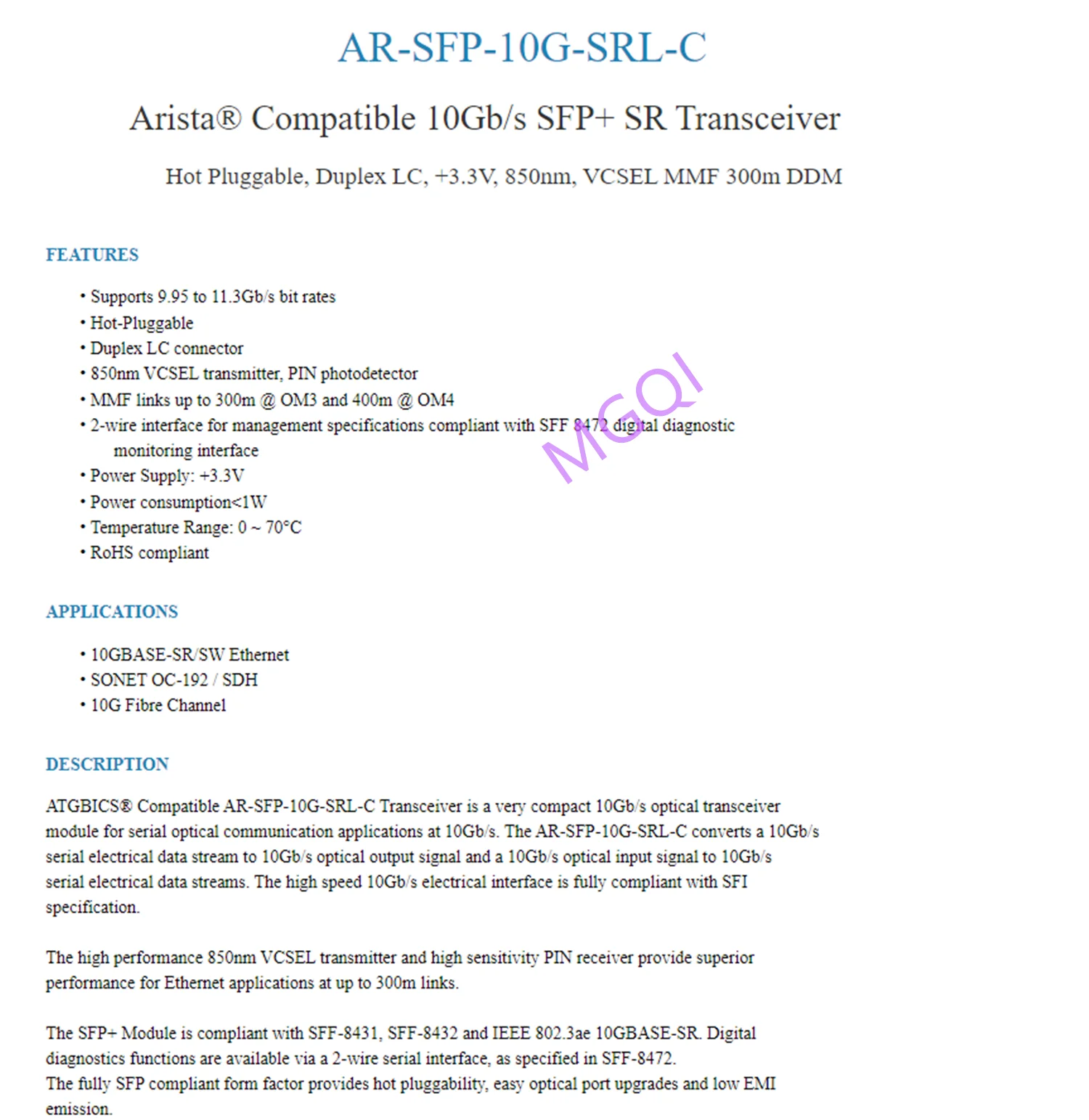 Arista-transceptor do interruptor da fibra, 10GB, SFP-10G-LCR 850NM, SFP + XVR-10002-20, 10G Sfp