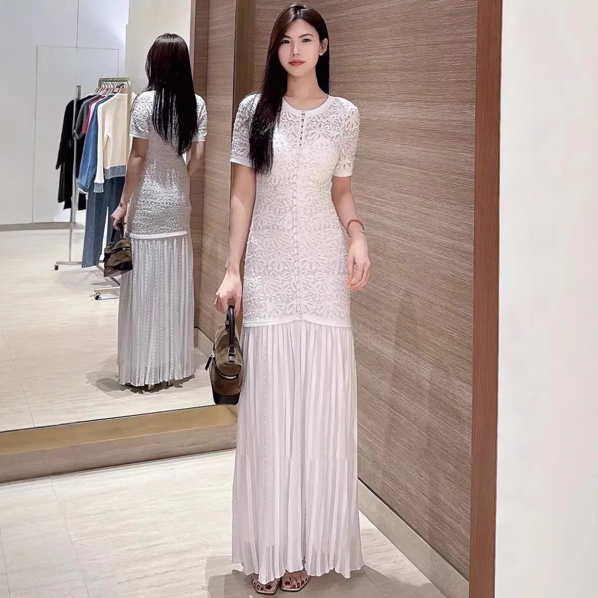 

Spring Women O-Neck Beading Lace Hollow Solid Set Single-Breasted Short Sleeve Knit Dress +Long Sleeve Coat + Elegant Maxi Skirt