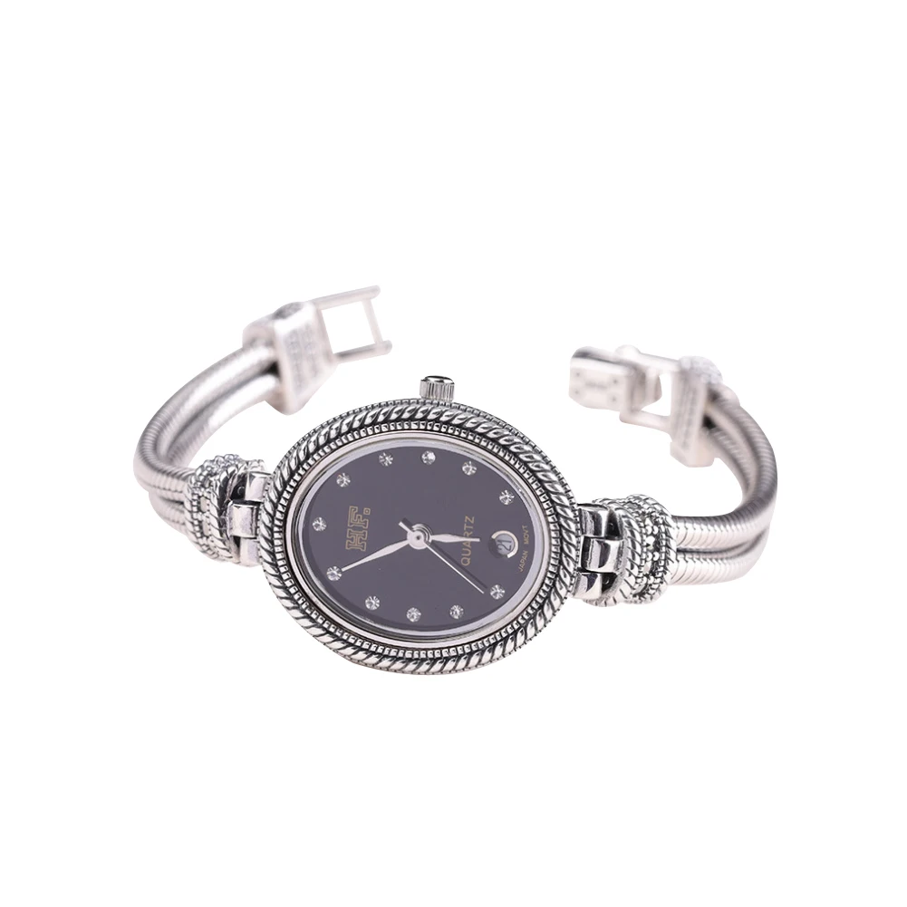 Solid 925 Sterling Silver Thailand Silver  Marcasite Luxury Oval Wrist Watches Bracelet  Women's Quartz Watches Fine Jewelry