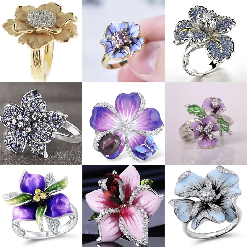 Fashion Multi-style Multi-color Zircon Red Princess Cut Crystal Flower Ring Female Marriage Mood Promise Jewelry Whole Sale