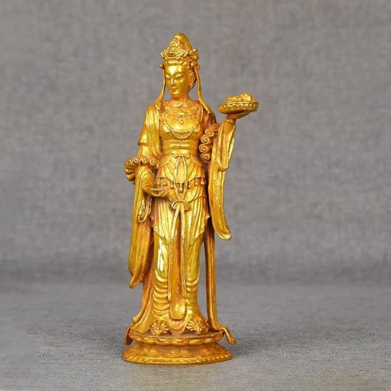 Vintage Gilt Heavenly Maiden Statue Chinese Apsara Figurine, Lotus Base Buddha Offering Goddess Sculpture, Altar Feng Shui Decor
