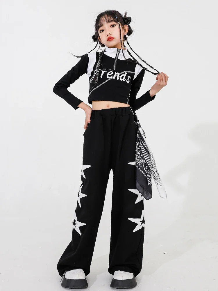 

Kids Hip Hop Dance Clothing Long Sleeve Tops Star Cargo Pants Girls Fashion Kpop Jazz Dance Outfit Cheerleading Clothes DL11696