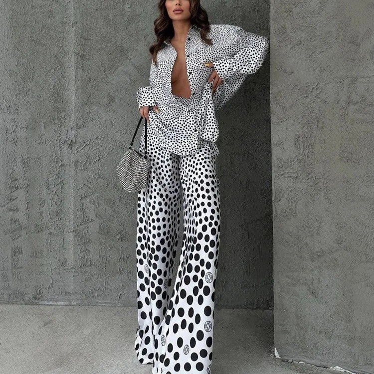 Fashion Loose Print 2 Piece Sets Loungewear Women Outfit Elegant Long Sleeve Shirts With High Waist Wide Pants Set Homewear