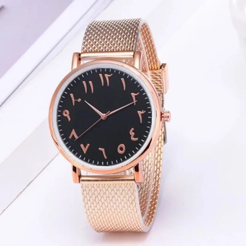 Relojes con diseño de números árabes para mujer, pulsera de cuarzo con banda de malla plateada, precio barato