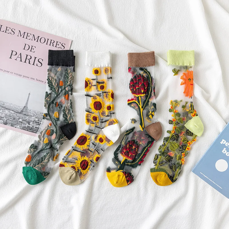 Women Transparent Socks Ladies Crystal Glass Silk Socks Summer Thin Flowers Birds Art Cat Animal Print Harajuku Long Mesh Socks