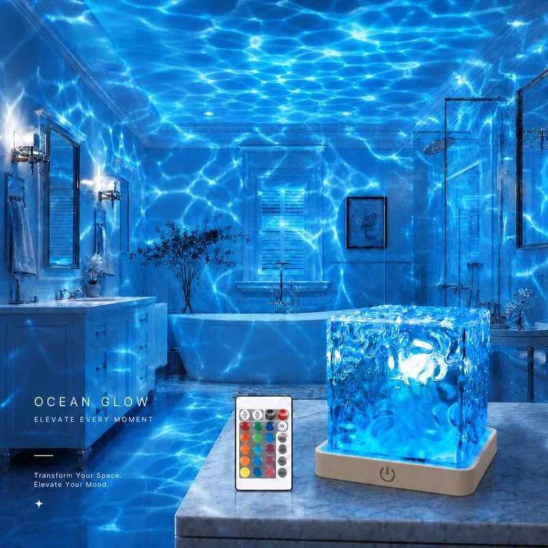 LED Rechargeable Shower Light, 16 Color Ocean Wave Projector, Dimmable Waterproof Remote Lamp, Flame Ripple for Bathroom Bedroom