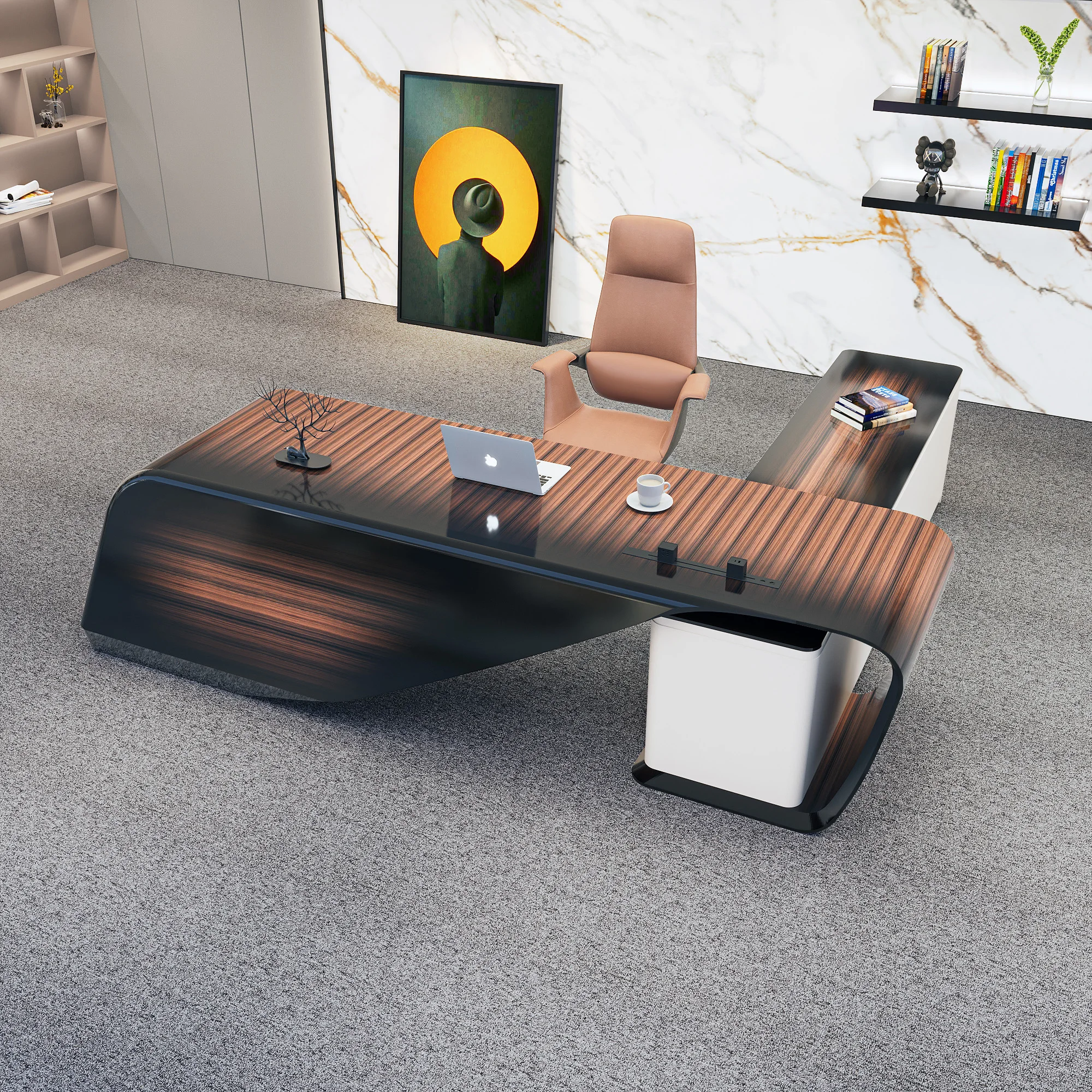 2025 Bently L-Shaped Manager Desk Modular Modern Luxury Executive Office Desk File Drawer Panel Baking Paint Veneer Orange Black