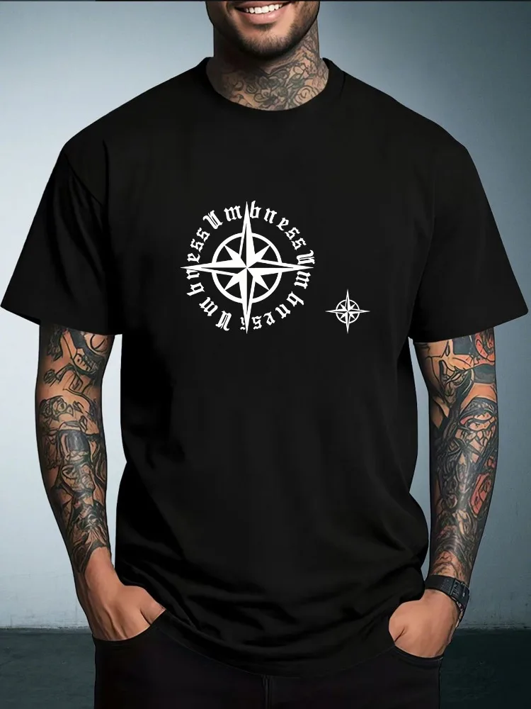 Mens Summer Crew Neck T Shirt Vintage Compass Gothic Letter Graphic Tee Casual Loose Outdoor Streetwear Fashion Daily Top