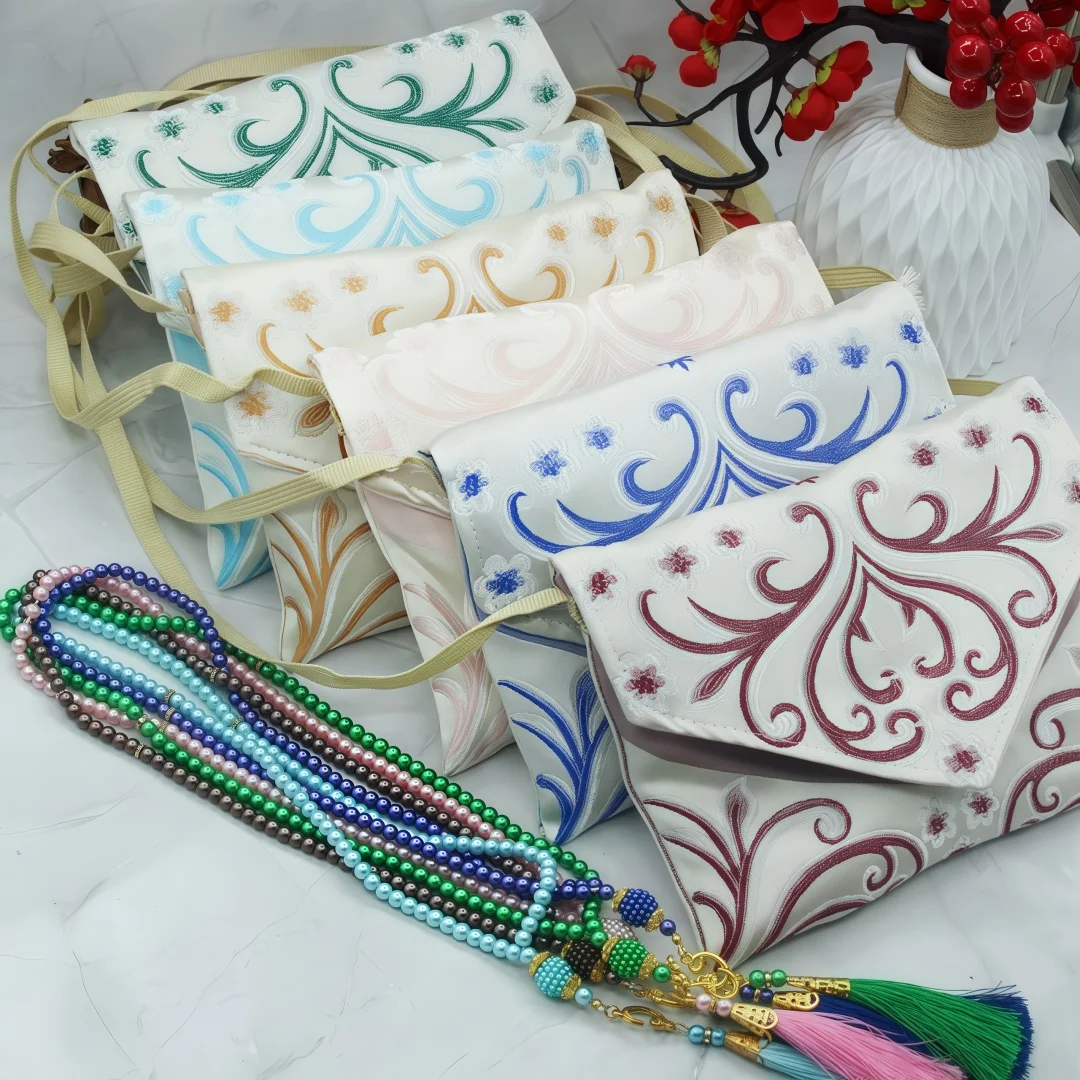 Faux‑silk flower crossbody bag prayer rug with prayer beads, foldable crossbody‑stored portable travel prayer mat set