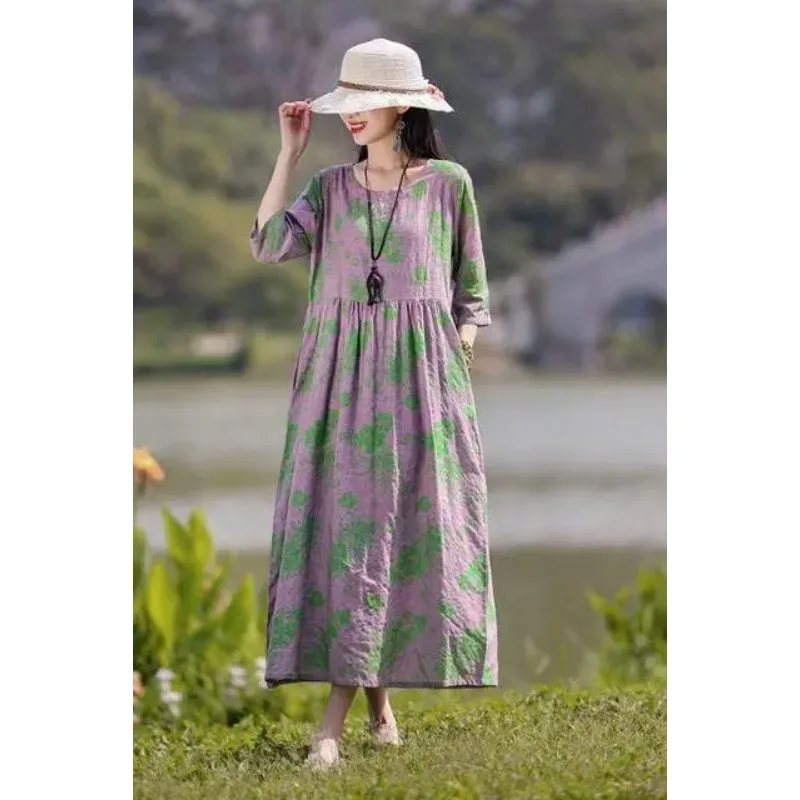 Women's Casual Loose Cotton Linen Maxi Dress with Green Floral Print 3/4 Sleeve Round Neck Pocket Dress for Summer