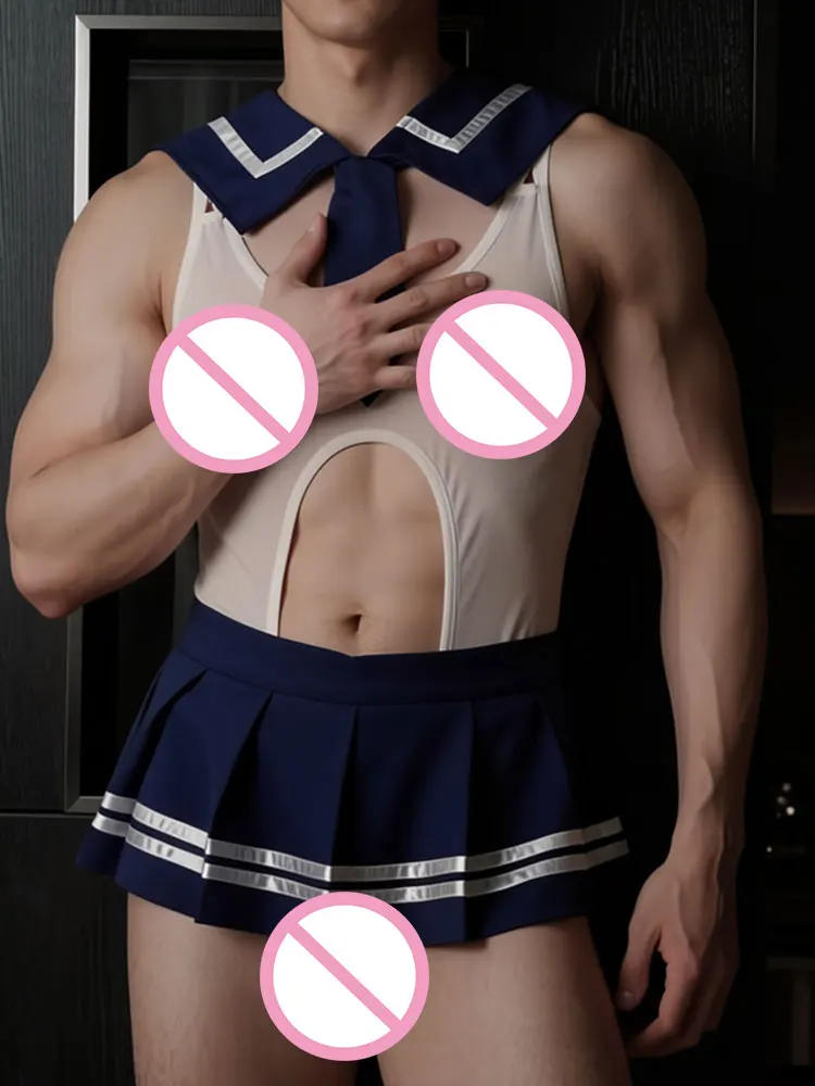 Men's sexy porno lingerie Tie hollow out crotchless mini skirt role-playing costume Sailor Uniform Themed sex suit femboy adult - view 4