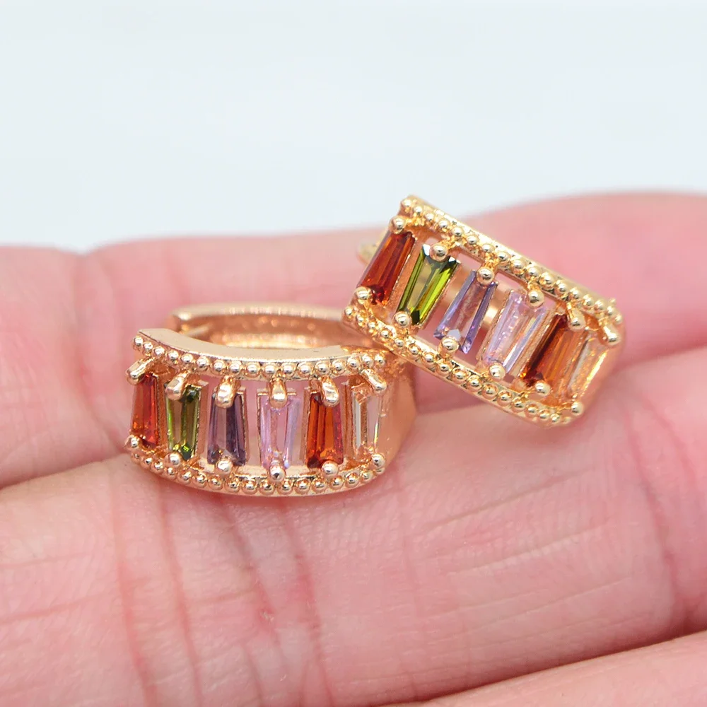 Fashion Gold Color Multicolor Cubic Zirconia CZ Hollow Out Baguette Huggie Hoop Earrings Jewelry